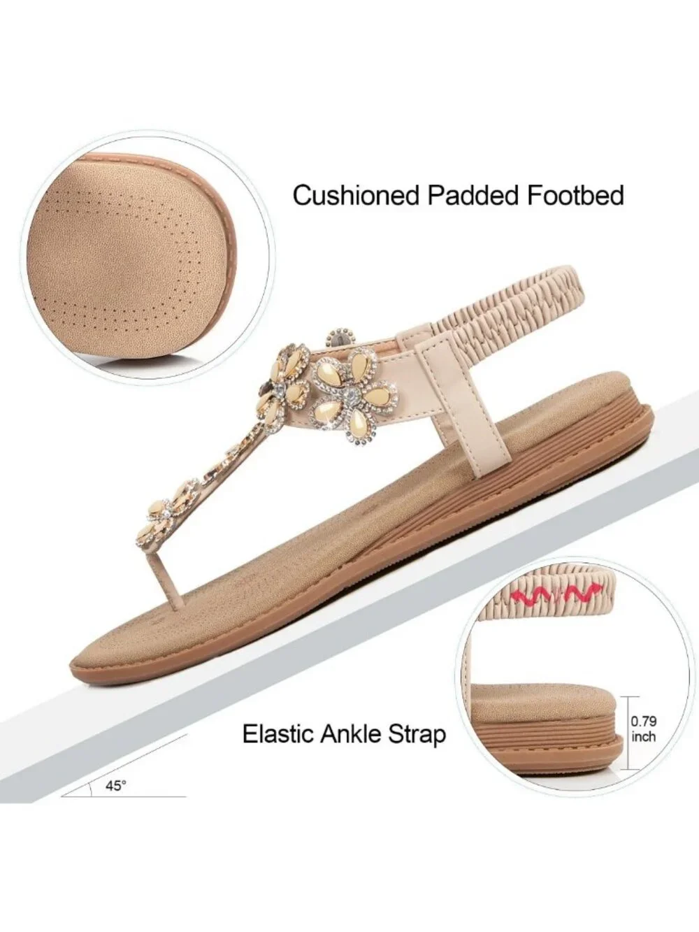 Sparkly Rhinestone Flat Thong Sandals for Women - Boho Style with Elastic Ankle